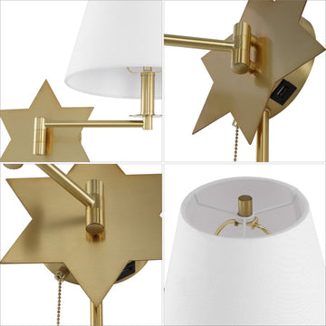 David 18.5" Modern French Country Swing Arm Plug-In or Hardwired Iron LED Star Wall Sconce with Pull-Chain and USB Charging Port - JONATHAN Y